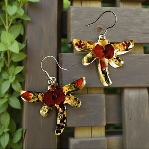 📦 REDUCED! Red and Gold Floral Dragonfly Earrings in Crafted Silver Frames